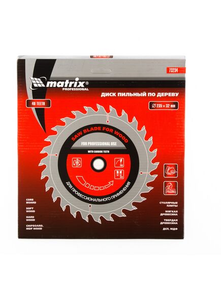 Пильный диск по дереву 235 х 32 мм 48 зубьев кольцо 30/32 MATRIX 73234, фото , изображение 3 - Метэкс