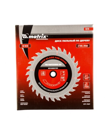 Пильный диск по дереву 185 х 20 мм 36 зубьев кольцо 16/20 MATRIX 73278, фото , изображение 3 - Метэкс