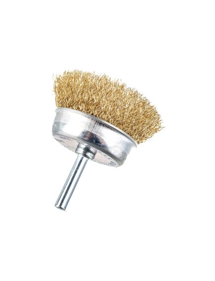 Щетка для дрели 65 мм "чашка" со шпилькой латунированная витая проволока MATRIX 74477, фото , изображение 2 - Метэкс