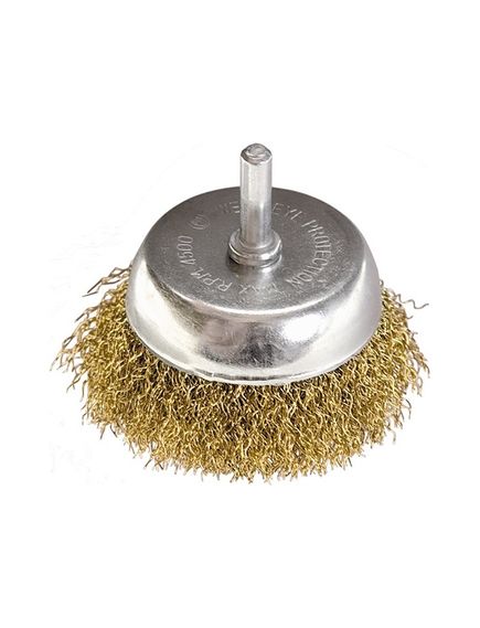 Щетка для дрели 50 мм "чашка" со шпилькой латунированная витая проволока MATRIX 74475, фото , изображение 2 - Метэкс