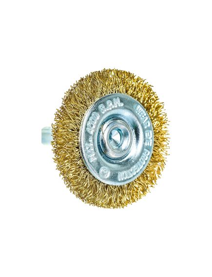 Щетка для дрели 40 мм плоская со шпилькой латунированная витая проволока MATRIX 74442, фото , изображение 2 - Метэкс