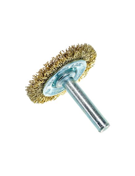 Щетка для дрели 40 мм плоская со шпилькой латунированная витая проволока MATRIX 74442, фото , изображение 4 - Метэкс