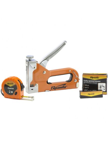 Набор степлер мебельный регулируемый, скобы 500 шт, рулетка 2м, тип скобы 53, 6-14 мм SPARTA 42003, фото , изображение 2 - Метэкс