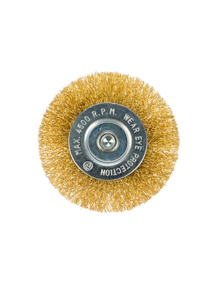 Щетка для дрели 75 мм плоская со шпилькой латунированная витая проволока MATRIX 74448, фото , изображение 3 - Метэкс