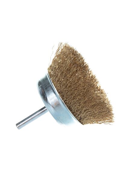 Щетка для дрели 75 мм "чашка" со шпилькой латунированная витая проволока MATRIX 74478, фото , изображение 2 - Метэкс