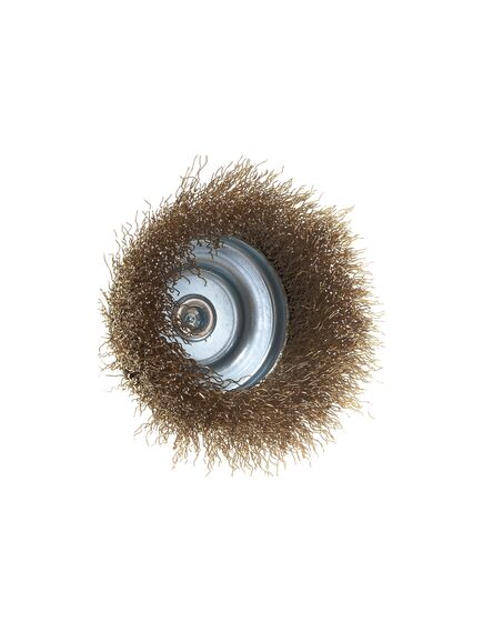 Щетка для дрели 75 мм "чашка" со шпилькой латунированная витая проволока MATRIX 74478, фото , изображение 4 - Метэкс