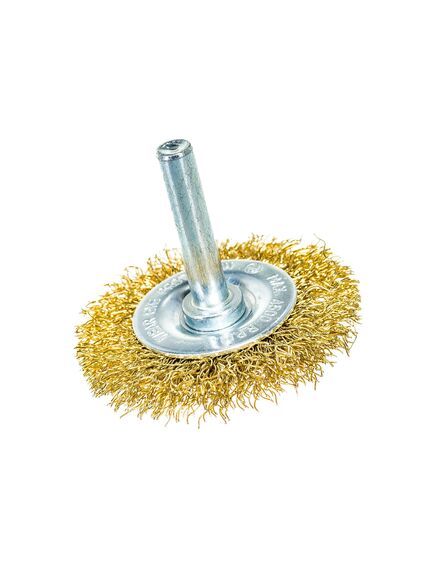 Щетка для дрели 50 мм плоская со шпилькой латунированная витая проволока MATRIX 74444, фото , изображение 2 - Метэкс