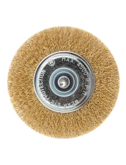 Щетка для дрели 100 мм плоская со шпилькой латунированная витая проволока MATRIX 74450, фото , изображение 4 - Метэкс