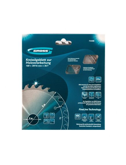 Пильный диск по дереву 160 x 20 мм 36 зубьев кольцо 16/20 GROSS 73308, фото , изображение 3 - Метэкс
