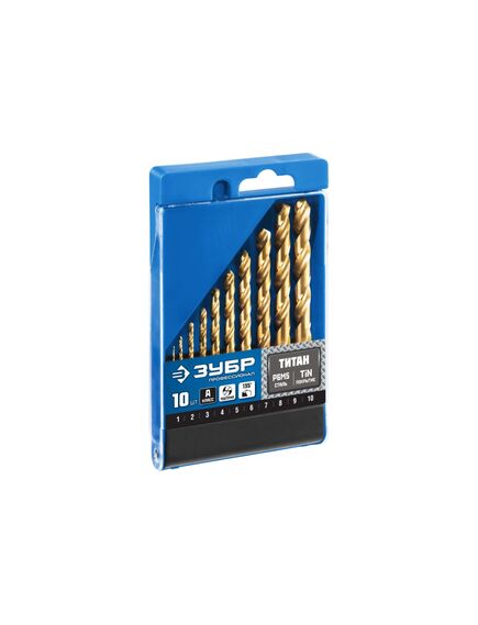 Набор сверл по металлу 1-10 мм (10 шт) Р6М5 титановое покрытие ЗУБР 29615-H10, фото , изображение 2 - Метэкс