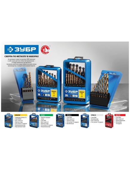 Набор сверл по металлу 1-10 мм (10 шт) Р6М5 титановое покрытие ЗУБР 29615-H10, фото , изображение 5 - Метэкс