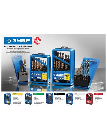 Набор сверл по металлу (19 шт) 1.0-10.0 мм Р6М5 ЗУБР 29621-H19, фото , изображение 4 - Метэкс