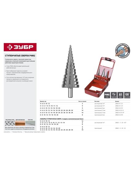 Набор ступенчатых сверел 3 шт 3-20 мм ЗУБР 29665-3-20-H3, фото , изображение 4 - Метэкс