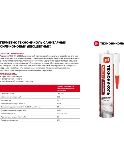Герметик ТЕХНОНИКОЛЬ силиконовый санитарный прозрачный 280 мл, фото , изображение 3 - Метэкс