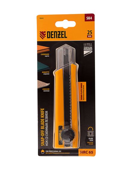 Нож 25 мм сменное лезвие SK4 корпус из TPR винтовой фиксатор DENZEL 78945, фото , изображение 5 - Метэкс