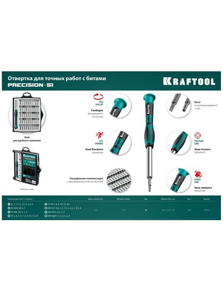 Отвертка для точных работ со сменными битами 51 предмет KRAFTOOL 25691, фото , изображение 10 - Метэкс